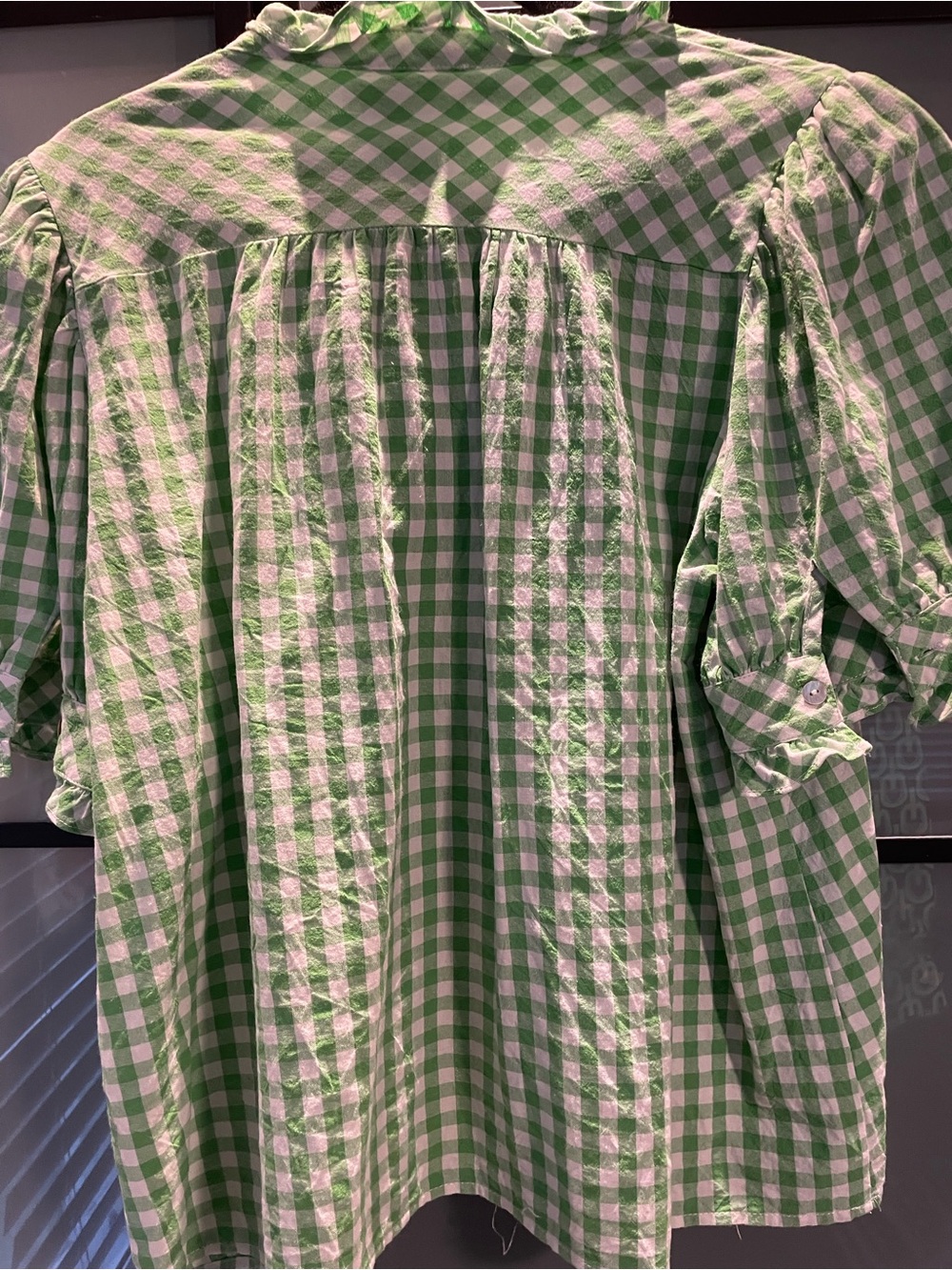 entro Green and White Gingham Ruffle Neck Blouse - Picture 2 of 5
